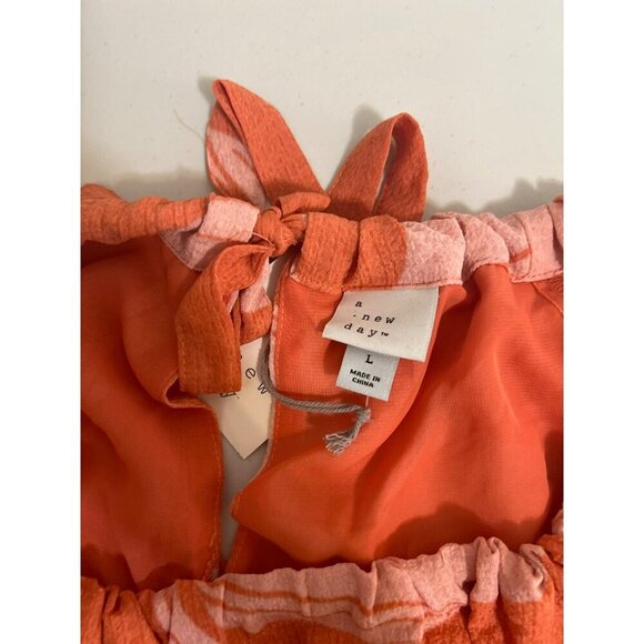 NWT A New Day Sz L Orange Floral Print Balloon Sleeves Lined Tie Back Blouse - Picture 8 of 9